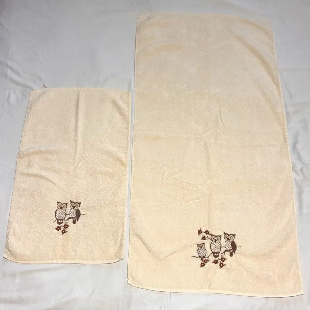 Vintage Set Embroidered Owl Bath Towel & Hand Towel R.A. Briggs Made In USA